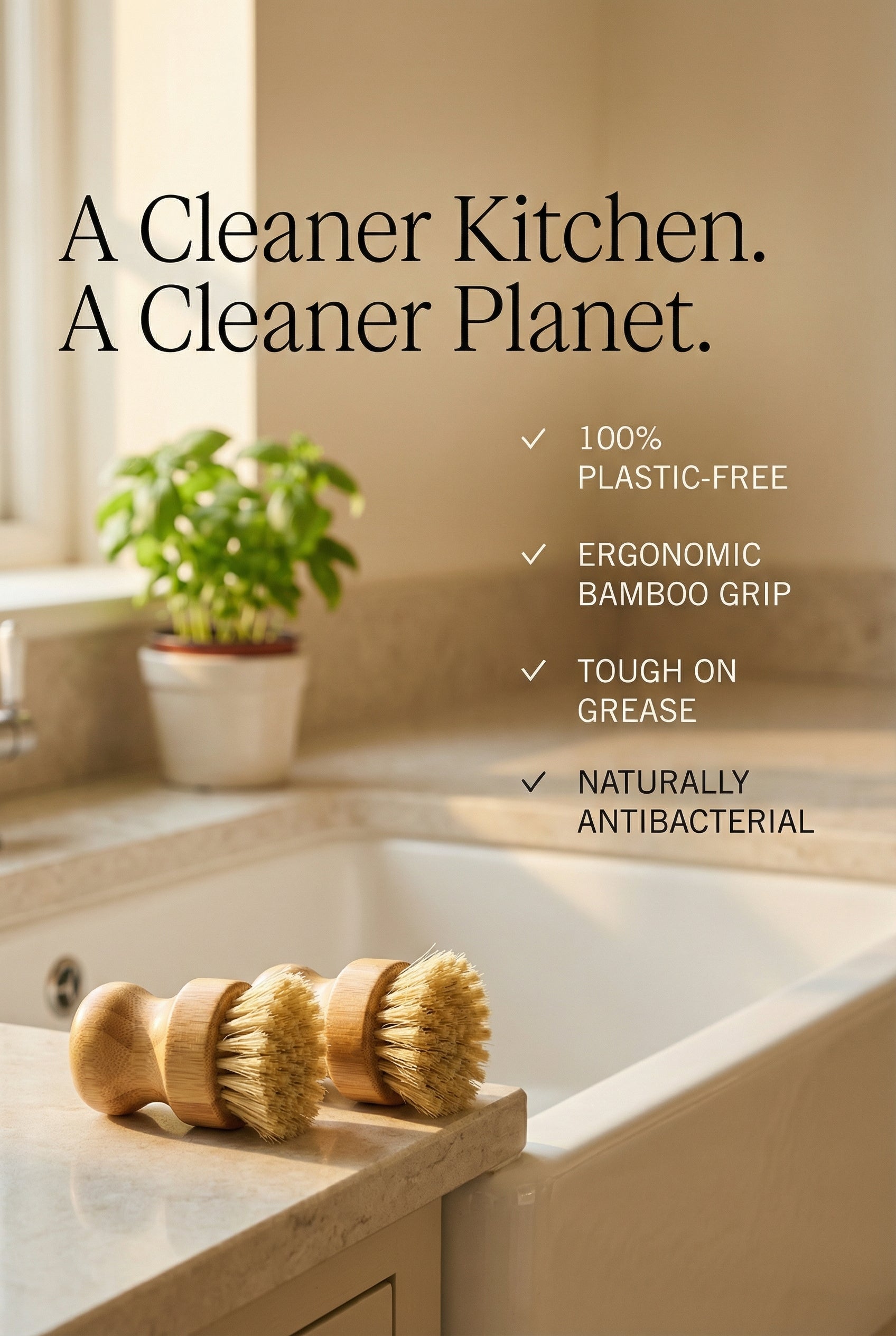 Natural Bamboo Dish Brush Set Plastic-Free Kitchen Cleaning