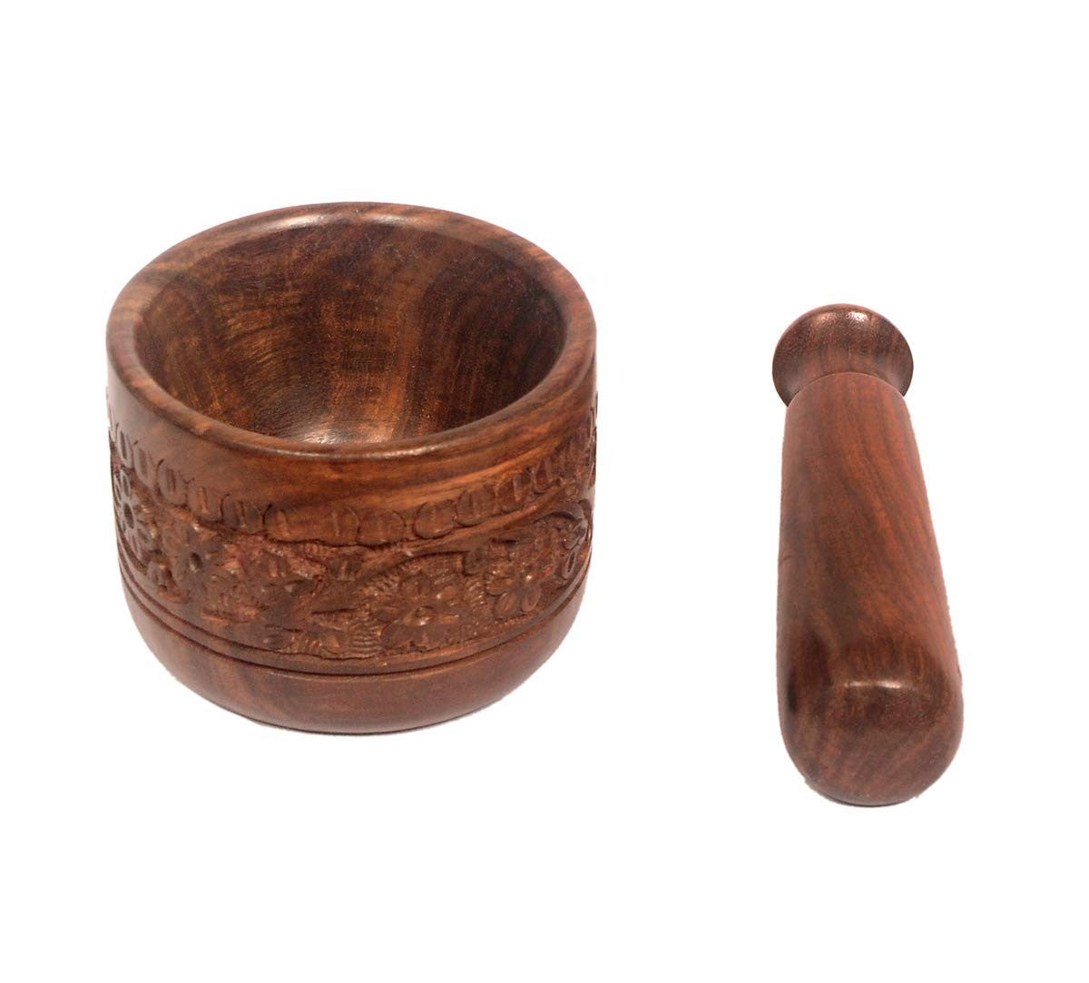 Wooden Mortar Pestle Carved Brown